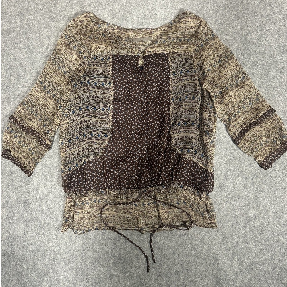 Zara Basic Mixed Print Blouse Small Brown Paisley Floral Sheer Boho Peplum